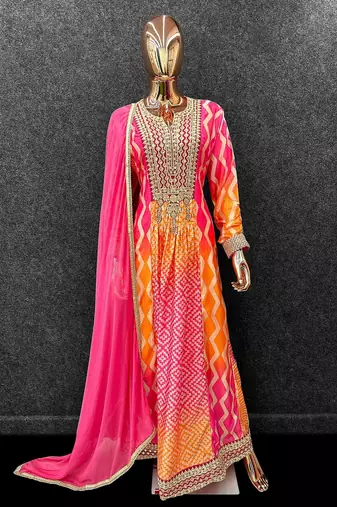 pink chinon anarkali suits with embroidered sequin - full stitched free size