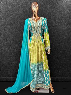 Green chinon free size stitched anarkali suits with embroidery & sequence work 3