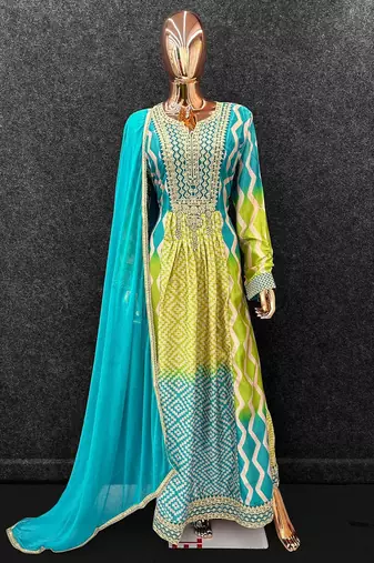 Green chinon free size stitched anarkali suits with embroidered sequin 