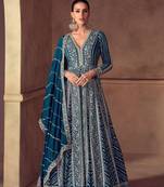 Purple chinon free size stitched anarkali suits with embroidery & sequence work