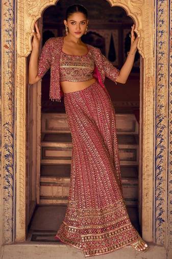 magenta georgette 3 piece set with embroidery zarkan work - full stitched free size