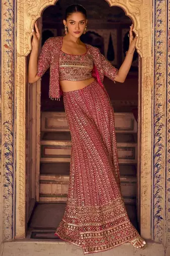 magenta georgette 3 piece set with embroidery zarkan work - full stitched free size