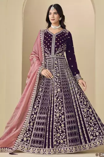 Purple velvet semi stitched anarkali suits with heavy embroidery work
