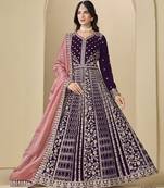 Purple velvet semi stitched anarkali suits with heavy embroidery work