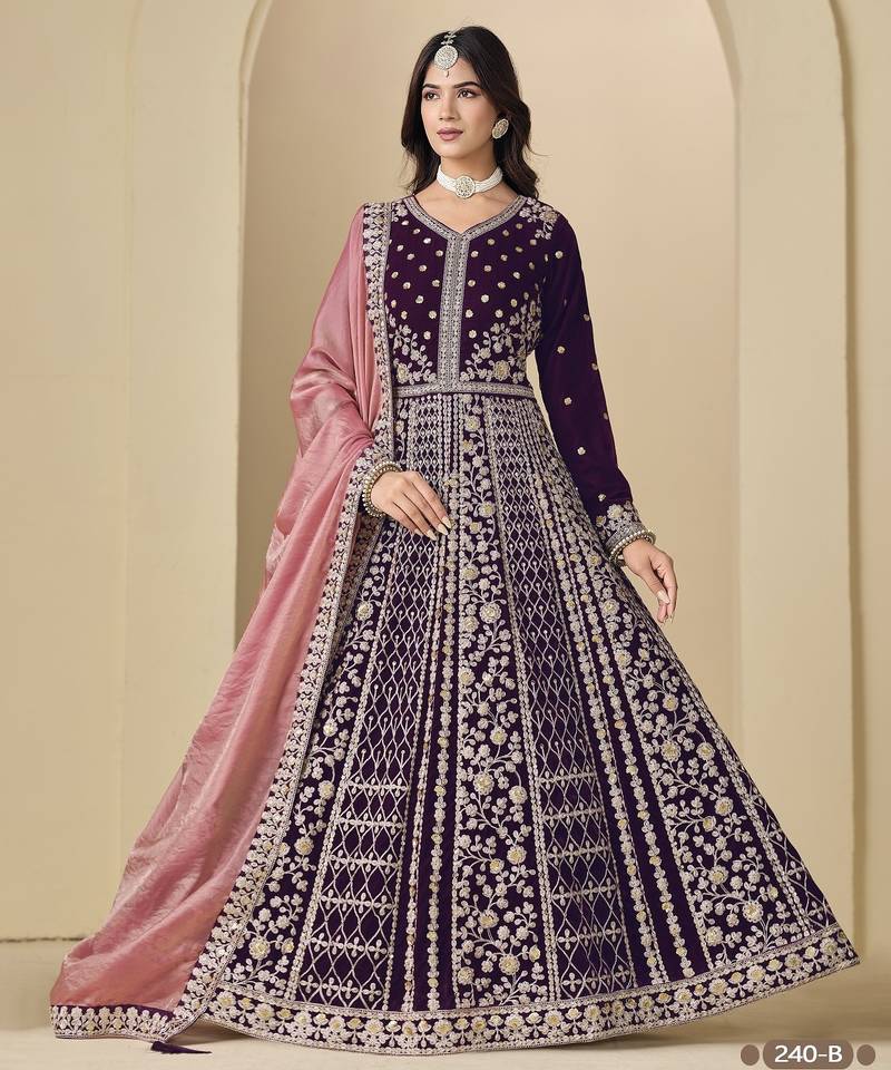 Purple velvet semi stitched anarkali suits with heavy embroidery work