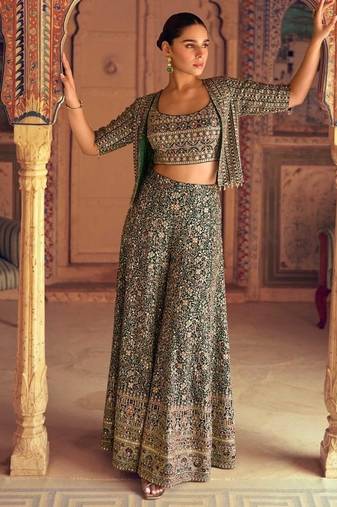 D green georgette free size stitched 3 piece set with embroidery zarkan work