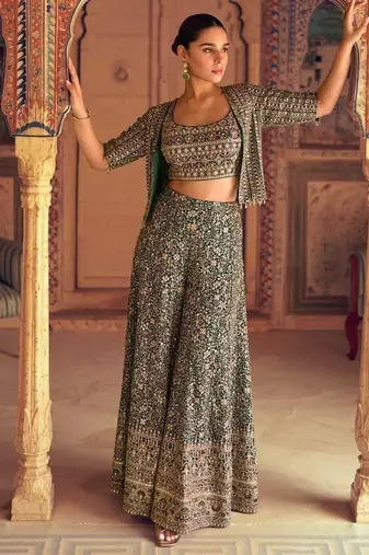 D green georgette free size stitched 3 piece set with embroidery zarkan work