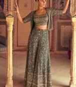 D green georgette free size stitched 3 piece set with embroidery zarkan work