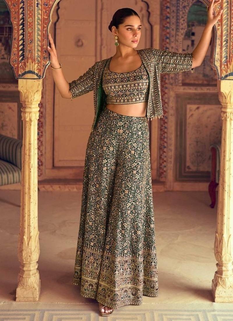 D green georgette free size stitched 3 piece set with embroidery zarkan work
