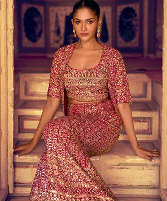 magenta georgette 3 piece set with embroidery zarkan - full stitched free size 2