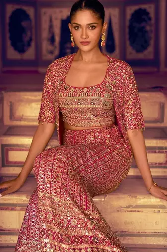 magenta georgette 3 piece set with embroidery zarkan - full stitched free size