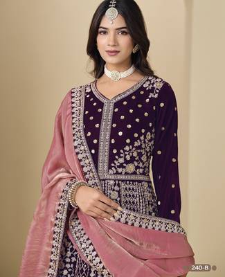 Purple velvet anarkali suits with heavy embroidery  2
