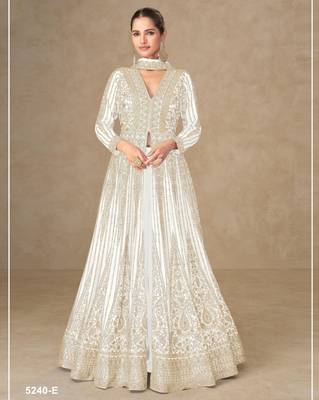 White chinon free size stitched anarkali suits with embroidered sequin  1