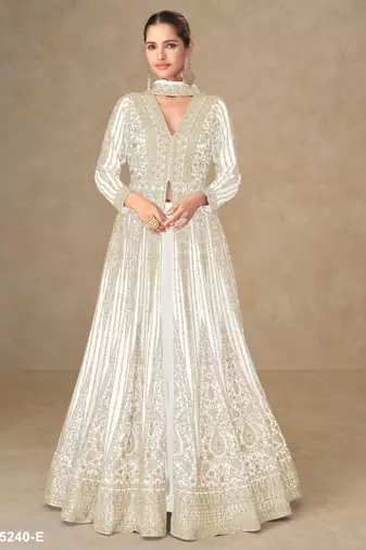 White chinon free size stitched anarkali suits with embroidery & sequence work