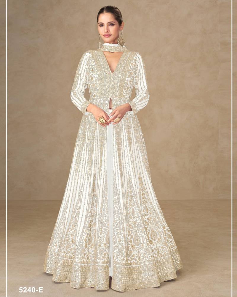 White chinon free size stitched anarkali suits with embroidery & sequence work