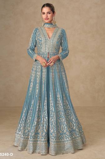 Blue chinon free size stitched anarkali suits with embroidery & sequence work