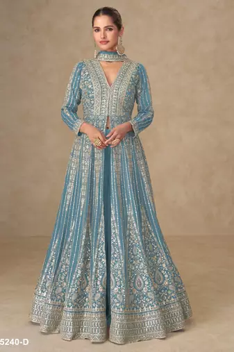 Blue chinon free size stitched anarkali suits with embroidery & sequence work