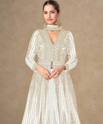 White chinon free size stitched anarkali suits with embroidered sequin  2