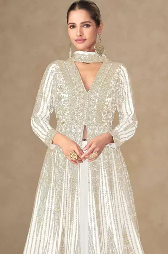 White chinon free size stitched anarkali suits with embroidered sequin 