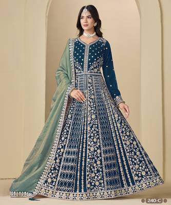 Teal velvet anarkali suits with heavy embroidery  1