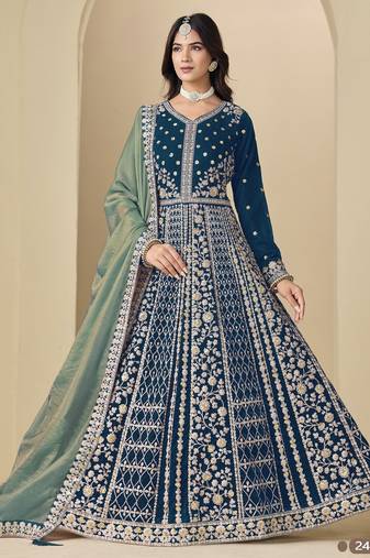 Teal velvet semi stitched anarkali suits with heavy embroidery work