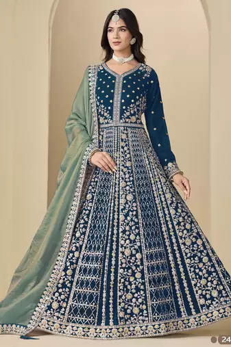 Teal velvet semi stitched anarkali suits with heavy embroidery work