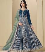 Teal velvet semi stitched anarkali suits with heavy embroidery work