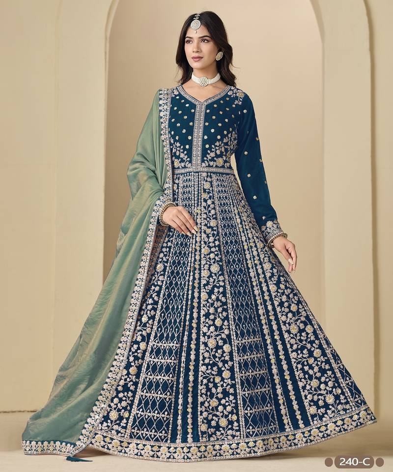 Teal velvet semi stitched anarkali suits with heavy embroidery work