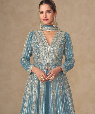 Blue chinon free size stitched anarkali suits with embroidered sequin  2