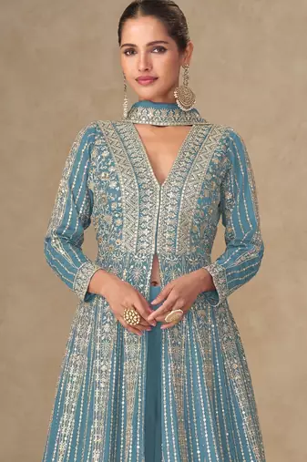 Blue chinon free size stitched anarkali suits with embroidered sequin 
