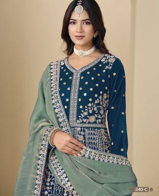 Teal velvet anarkali suits with heavy embroidery  2