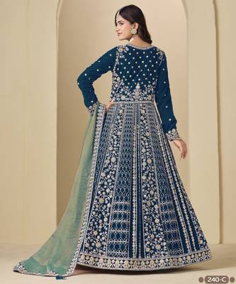 Teal velvet anarkali suits with heavy embroidery  3