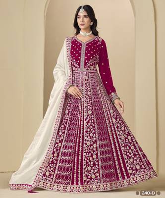 Magenta velvet anarkali suits with heavy embroidery  1