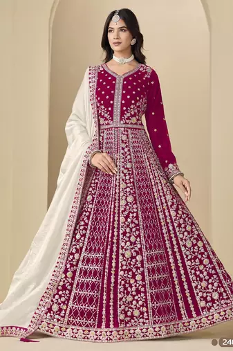 Magenta velvet semi stitched anarkali suits with heavy embroidery work