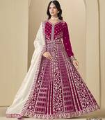 Magenta velvet semi stitched anarkali suits with heavy embroidery work