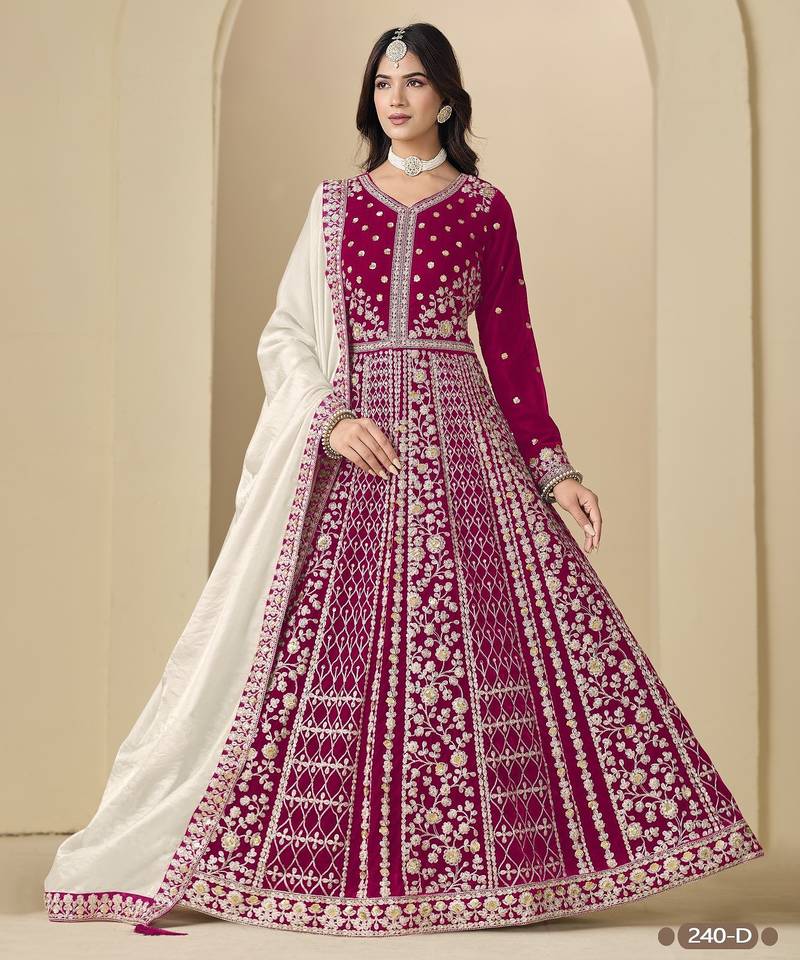 Magenta velvet semi stitched anarkali suits with heavy embroidery work