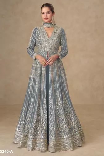 grey chinon anarkali suits with embroidery & sequin work - full stitched free size