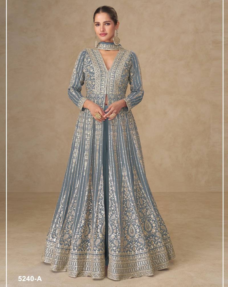grey chinon anarkali suits with embroidery & sequin work - full stitched free size
