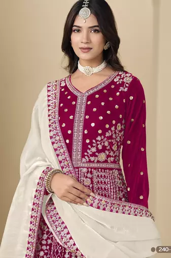 Magenta velvet anarkali suits with heavy embroidery 