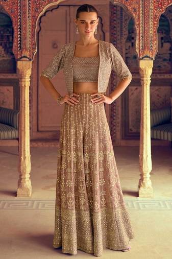 Brown georgette free size stitched 3 piece set with embroidery zarkan work