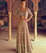 Brown georgette free size stitched 3 piece set with embroidery zarkan work