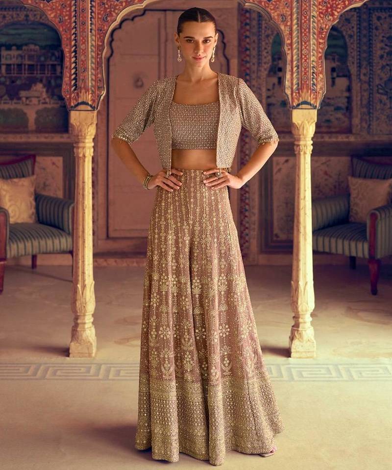 Brown georgette free size stitched 3 piece set with embroidery zarkan work