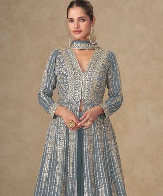 grey chinon anarkali suits with embroidered sequin - full stitched free size 2