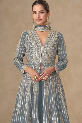grey chinon anarkali suits with embroidered sequin - full stitched free size