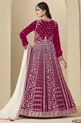 Magenta velvet anarkali suits with heavy embroidery 