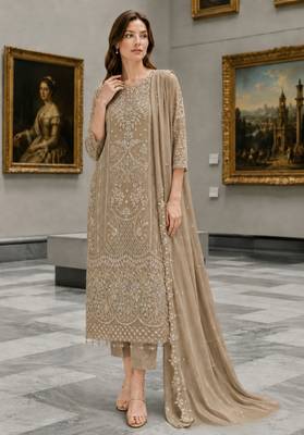 Cream Fox Georgette Semi Stitched Suit With Khatli & Sequin Work 1