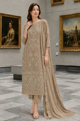 Cream Fox Georgette Semi Stitched Suit With Khatli & Sequin Work