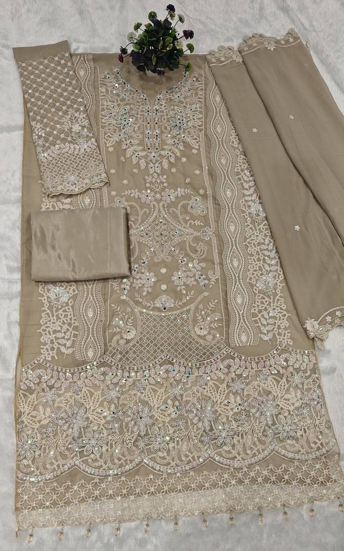 Cream Fox Georgette Semi Stitched Suit With Khatli & Sequin Work
