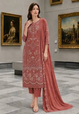 Peach Fox Georgette Semi Stitched Suit With Khatli & Sequin Work 1