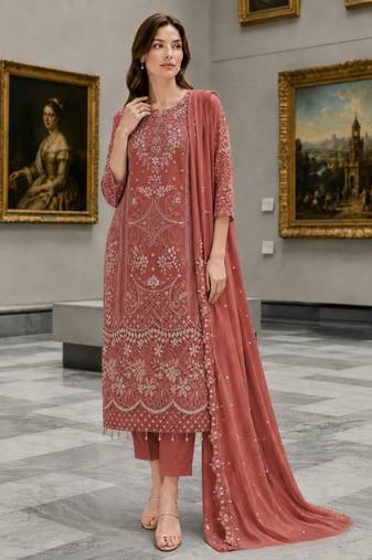 Peach Fox Georgette Semi Stitched Suit With Khatli & Sequin Work